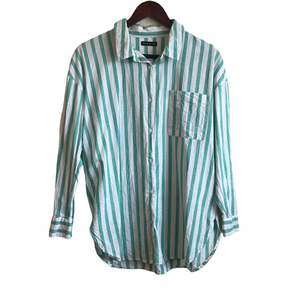 CottonOn Women Top XS Turquoise Striped Button‎ Up Relaxed Preppy Beachy Travel